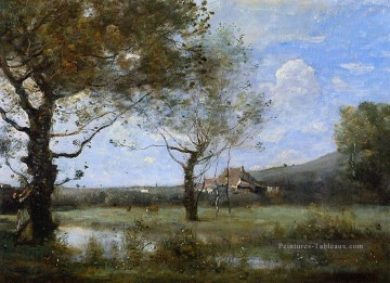 romantique romantisme Tableau Peinture - Prairie avec deux grands arbres plein air romantisme Jean Baptiste Camille Corot